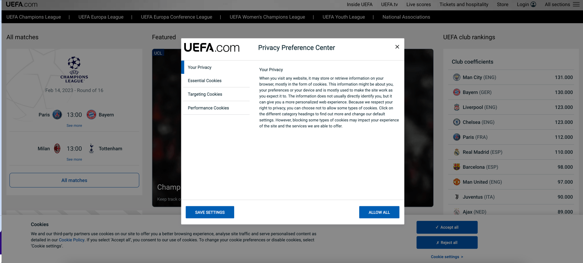 UEFA Cookie Notice Website Pop-Ups