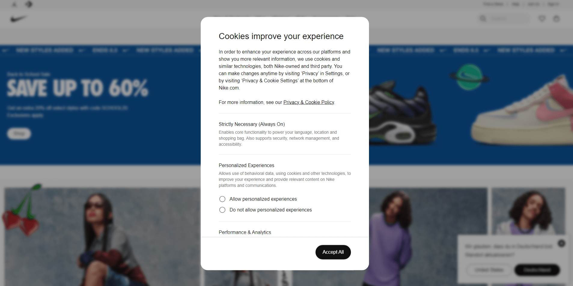 Exemple de notification de cookies Nike