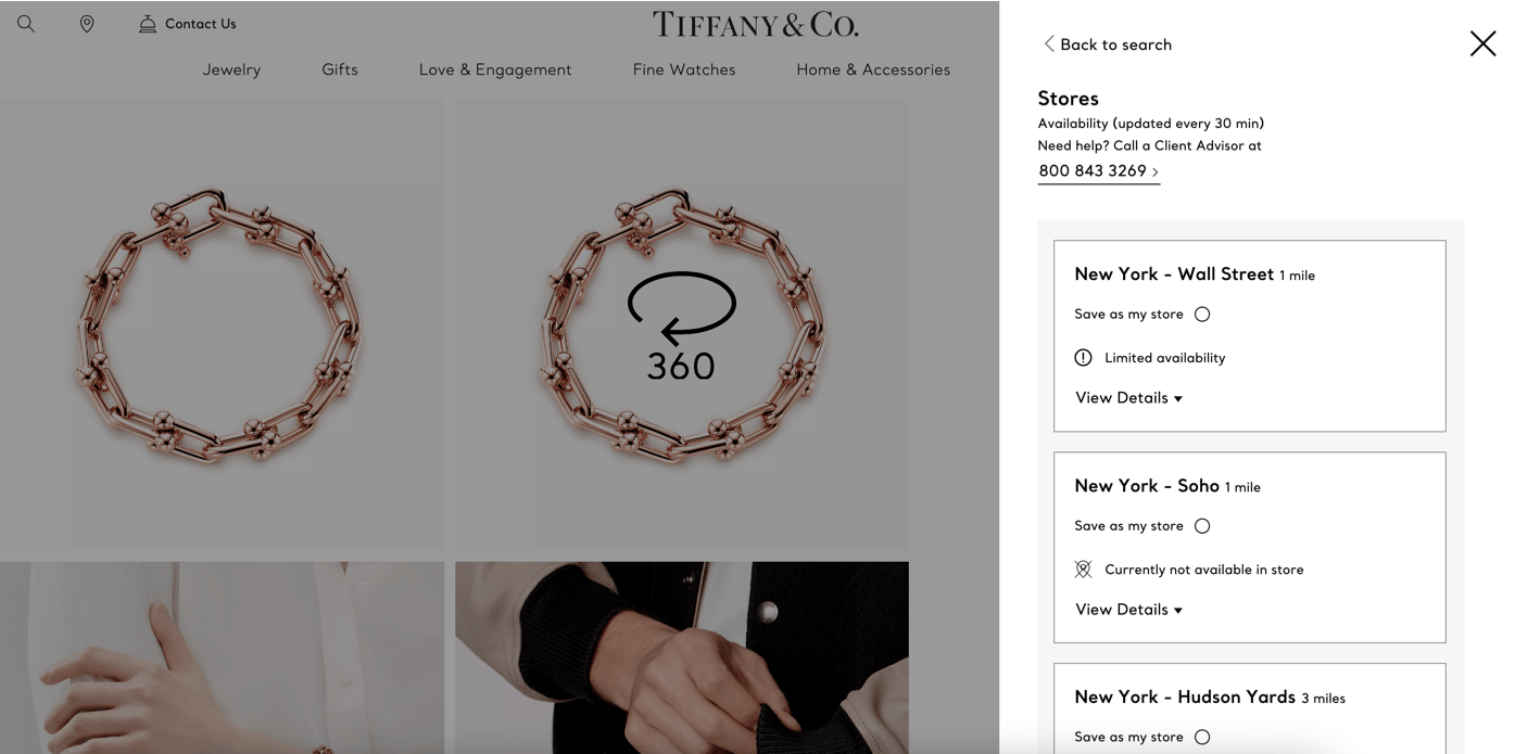 Exemple de lightbox de localisation Tiffany & Co
